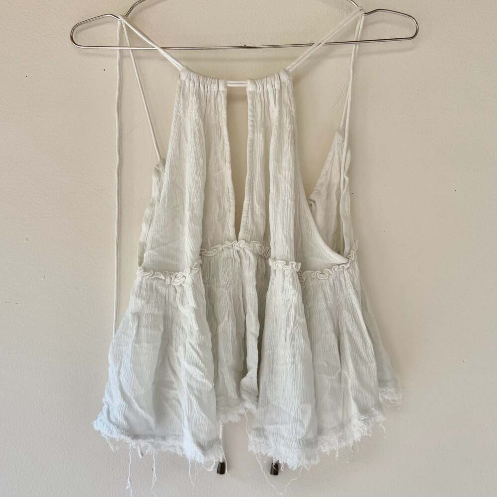 Free People White Halter Top Ruffled Tiered Raw Hem Backless
